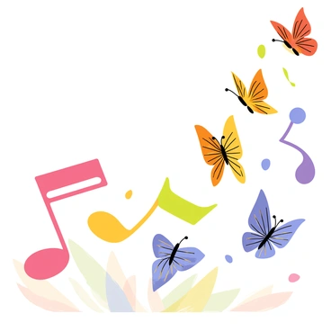 A colorful scene featuring musical notes of various shapes and sizes in shades of red, yellow, blue, and green. These musical notes are in mid-transformation, morphing into vibrant butterflies with intricate wing patterns. The butterflies display a spectrum of colors including bright oranges, deep blues, and vivid purples as they flutter upwards. The background is filled with abstract swirls of color, enhancing the dynamic energy of the scene. The overall composition captures the whimsical transition from sound to visual beauty, creating an engaging and lively atmosphere.