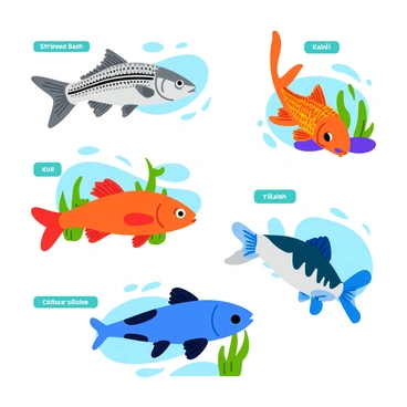 An illustrated guide featuring several different fish species that are commonly cultivated in aquaculture. Each fish is depicted in vibrant colors and distinct patterns. The species include a striped bass with a silver body and dark stripes, a bright orange koi with intricate markings, a tilapia with a smooth, bluish body, and a catfish with whisker-like barbels. Each fish is shown swimming in a stylized underwater setting, complete with colorful aquatic plants and bubbles rising to the surface. Labels identifying each fish species are positioned near them in clear, bold lettering.