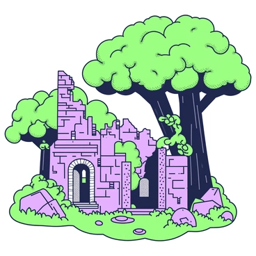 An engraved depiction of ancient ruins is presented, showcasing weathered stone structures partially hidden by lush greenery. Tall trees with thick trunks and expansive canopies surround the ruins, their leaves intermingling with creeping vines that drape over the stone walls and columns. The architecture features intricate carvings, now softened by time, with broken archways and scattered stones on the ground. Sunlight peeks through the foliage, creating dappled shadows on the aged surfaces, emphasizing the contrast between nature and the remnants of human craftsmanship.