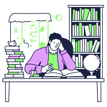 Victor Frankenstein is seated at a large wooden desk in a study at Cambridge. He is leaning over an open book, with his brow furrowed in concentration. To his left, a stack of thick books is piled, some are open while others are closed, showcasing titles related to science and philosophy. Scattered across the desk are various papers filled with notes and sketches. A dim light from a nearby window casts shadows, revealing a quill and inkpot resting beside him. Behind Victor, a tall bookshelf is filled with more books, while a globe sits in the corner of the room.