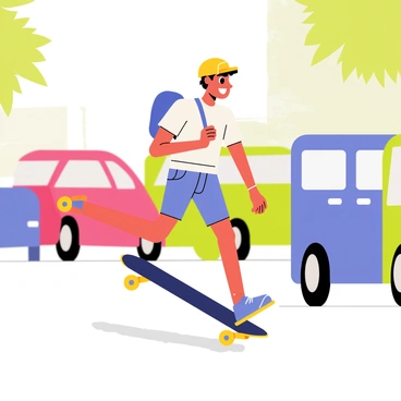 A courier wearing a bright yellow helmet and a blue backpack is skateboarding down a busy street. The courier is mid-glide, with one foot extended behind for balance. In the background, there are blurred cars of various colors, including red, blue, and green, indicating heavy traffic. The courier's expression is focused as he navigates through the vehicles. He has short, tousled hair and is dressed in a casual t-shirt and shorts. Sunlight casts dynamic shadows on the pavement as he skillfully weaves between the cars.