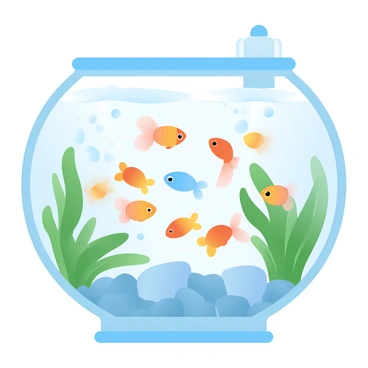 A vibrant swarm of guppies in various colors is swimming gracefully in a crystal-clear aquarium. The guppies have distinct patterns with bright orange, yellow, blue, and green hues. The aquarium is filled with lush green aquatic plants, providing a natural habitat for the fish. Soft sunlight filters through the water, creating shimmering reflections on the aquarium glass. Pebbles rest at the bottom, adding to the serene environment of the aquarium. Bubbles are rising from a small air pump, enhancing the lively atmosphere.