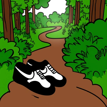 A pair of black and white Nike shoes resting on a muddy forest trail. The shoes are partially covered in brown mud, showcasing their rugged design. Surrounding the shoes, there is dense greenery with various shades of green leaves and ferns. Sunlight filters through the trees, casting dappled light on the trail, enhancing the vibrant colors of the foliage. The trail winds away into the distance, inviting exploration of the natural landscape.