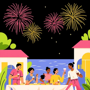 A vibrant celebration in Capri under a dark night sky. Colorful fireworks explode in various shapes and sizes, illuminating the scene with bright hues of red, blue, and gold. Below the fireworks, people of diverse ages and styles gather, some holding drinks and laughing. They are surrounded by lush greenery and charming buildings with warm lights. A table is set with a feast of fruits and pastries, adding to the festive atmosphere. The sparkling ocean can be seen in the background, reflecting the colors of the fireworks.