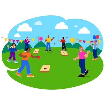 A group of children is playing cornhole on a grassy field during a school field day event. The children are divided into two teams, each taking turns tossing bean bags towards the raised cornhole boards. In the background, several teachers are cheering enthusiastically, clapping their hands and smiling. Colorful banners and balloons are scattered around the field, adding to the festive atmosphere. A bright blue sky with a few fluffy clouds can be seen above, creating a lively and energetic scene.