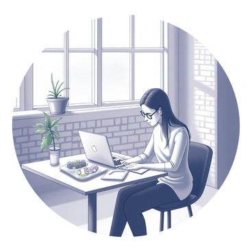 A food blogger is seated at a small, stylish table in a trendy cafe. The scene includes the blogger, focused intently on their laptop, with a look of concentration on their face. They have a notepad and pen beside the laptop, with scribbles indicating their thoughts. On the table, there is a half-eaten plate of food, with various dishes artfully presented yet seemingly unimpressive. The cafe features modern decor, with exposed brick walls and greenery in pots, adding to the ambiance. Light filters through large windows, illuminating the workspace and creating a lively atmosphere.