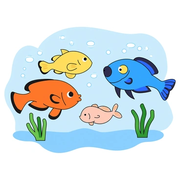 A playful scene featuring a family of colorful fish swimming together in a lively underwater environment. The group consists of several fish: a larger orange clownfish on the left, a bright yellow tang on the right, and a vibrant blue fish in the back. In the center, there is a small baby fish, which is a light pink color with tiny fins, surrounded by the larger fish. Bubbles rise around them, and there are a few green plants swaying gently in the water nearby. The background is filled with soft, wavy patterns of blue to represent the water.