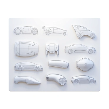 A wall filled with assorted concept car sketches and designs. The sketches feature a variety of futuristic vehicle shapes and styles, showcasing different angles and designs. Each drawing includes detailed lines, curves, and annotations highlighting specifications like wheel placement and design elements. The wall has a clean, white background that emphasizes the intricate details of the sketches, making the overall presentation dynamic and visually engaging.