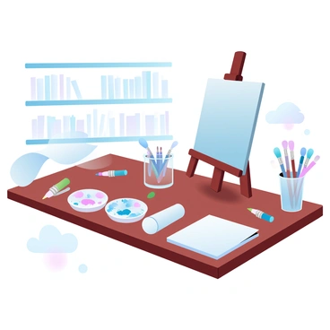 A wooden table is covered with various art materials, including tubes of paint in bright colors, brushes of different sizes, and palettes splattered with mixed hues. There are sketchbooks and rolls of paper stacked neatly, alongside a jar filled with pencils and markers. An easel is set up at one end of the table, ready for demonstration. In the background, there are shelves lined with books on art techniques. The scene is illuminated by soft, natural light coming from a nearby window.