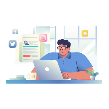 A person with light skin and short black hair is sitting at a desk, looking at a laptop and posting a job opening on social media. The person is wearing a blue polo shirt and glasses. Surrounding them are icons of various social media platforms, including a white bird for Twitter, a blue “f” for Facebook, and a camera icon for Instagram. The desk is cluttered with a notepad, a coffee mug with a smiley face, and a small potted plant. A bright window in the background lets in natural light, illuminating the scene.