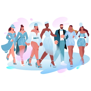 Models are walking the runway in a final parade, showcasing intricate and opulent outfits. Each model wears a distinct ensemble with detailed embroidery and decorative embellishments. The outfits feature a variety of rich fabrics, such as silk and velvet, with layers and flowing drapes. The runway is illuminated with soft lighting that complements the luxurious textures of the garments. There are elegant accessories such as statement jewelry and ornate hats, enhancing the overall grandeur of the presentation. A colorful backdrop adds depth to the scene, creating a festive atmosphere as the models confidently stride forward.