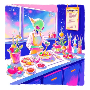 An alien chef with vibrant green skin and three eyes is standing in a futuristic kitchen. The chef is wearing a silver apron and is using a large, glowing spoon to mix ingredients in a transparent bowl. The kitchen is filled with strange, colorful vegetables and exotic spices, some of which emit a soft light. Behind the chef, there is a backdrop of swirling galaxies and stars visible through large windows. The counter is adorned with unusual cooking utensils and containers shaped like celestial bodies. Above, a floating menu displays "Today's Special" in bold letters.