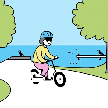 A rider on a recumbent bike, wearing a blue helmet and sunglasses, is pedaling along a smooth, winding path. The path runs adjacent to a shimmering lake, reflecting the clear blue sky above. Lush green trees frame the sides of the path, their leaves rustling gently in the breeze. In the distance, a small wooden dock extends into the lake, with a couple of birds perched nearby. The scene conveys a sense of calm and relaxation in nature.