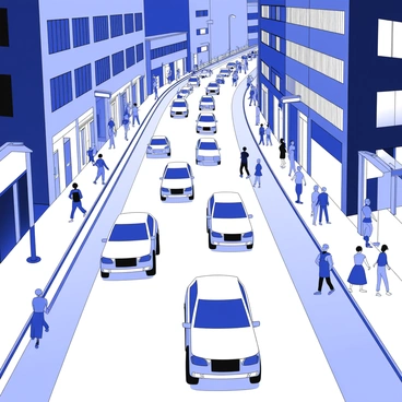A bustling city street at night with cars illuminating the scene with their lights