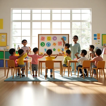 A classroom filled with bright, natural light streaming in through large windows. There are several children of diverse backgrounds actively engaged with an interactive magnetic board adorned with colorful letters. Some children are standing, reaching up to place letters on the board, while others are seated at small tables, discussing and excitedly pointing at the board. The classroom has colorful posters on the walls, and there are learning materials scattered around, including books and art supplies. A teacher stands nearby, smiling and encouraging the children's participation.