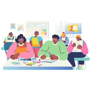 A group of students is gathered in a brightly lit art studio for a weekend illustration workshop. Each student is focused on their own canvas, showcasing a variety of techniques. One student with curly hair and glasses is experimenting with watercolors, mixing vibrant shades of blue and pink on their palette. Another student, wearing a yellow apron, is sketching with a fine tip pen, capturing intricate details in their drawing. On a nearby table, there are various art supplies, including brushes, pencils, and a stack of sketchbooks. The atmosphere is lively, with colorful artwork displayed on the walls, reflecting the creativity of the workshop.