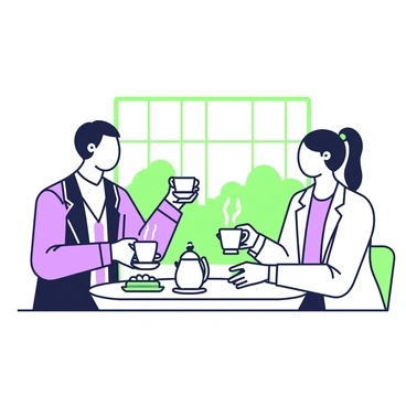 Two representatives are seated at a small round table, engaged in a calm and respectful discussion. Each representative is holding a teacup elegantly, with steam rising gently from the cups. The representative on the left has short hair and is wearing a dark suit, while the one on the right has long hair tied back and is dressed in a light blazer. The table is adorned with a delicate teapot and a small plate of biscuits. In the background, a window lets in soft light, illuminating the space around them.
