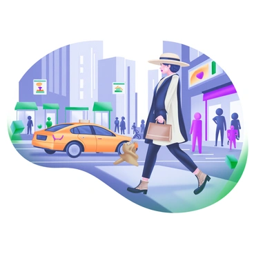A fashionable woman wearing a stylish coat and a chic hat is walking confidently through a bustling city street. She carries a designer handbag in one hand and wears fashionable ankle boots. Around her, there are tall buildings and a variety of people in modern attire. A yellow taxi cab passes by, and colorful storefronts line the street. The scene is filled with a sense of movement, with pedestrians and cyclists actively navigating the vibrant urban environment.