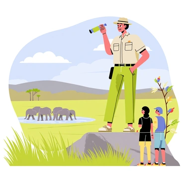 An experienced African bush guide wearing a khaki shirt and hat stands on a rocky outcrop. He is using binoculars to observe wildlife in the distance. In the foreground, there are tall grasses and scattered bushes. Below him, a herd of elephants is seen drinking from a waterhole. A few colorful birds are perched on nearby branches. The sky is bright blue with fluffy white clouds. The guide gestures towards the elephants, sharing his knowledge about the animals with a group of eager tourists nearby.