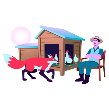 A fox sneaking into a chicken coop while the farmer naps
