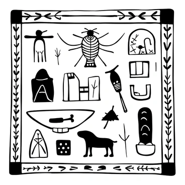 An ink drawing featuring a collection of ancient Egyptian hieroglyphs arranged on a textured papyrus-like surface. Prominent symbols include a "scarab beetle," an "ankh," and various other hieroglyphs representing deities and objects of significance. Each symbol is intricately detailed, showcasing the unique carvings and shapes characteristic of ancient Egyptian writing. Additional decorative elements, such as floral patterns and borders, frame the composition, enhancing the historical context of the piece.