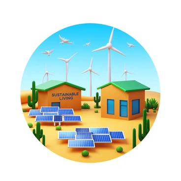 A desert eco-habitat featuring a network of solar panels and wind turbines forming a microgrid. The habitat includes several sustainable living quarters made of natural materials, with green roofs and large windows for sunlight. Cacti and desert plants surround the structures, providing a natural landscape. The sky is clear and blue, emphasizing the arid environment. Various birds can be seen flying above, adding life to the scene. "Sustainable Living" is displayed prominently on one of the quarters.