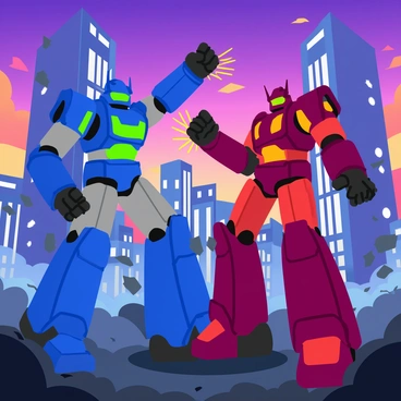 Two giant robots, one painted in metallic blue and silver with glowing green accents, and the other in a deep crimson with bright orange highlights, are engaged in a fierce battle. The robots are towering over tall skyscrapers, with debris and shattered glass falling around them. The backdrop features a vibrant cityscape filled with futuristic buildings, some adorned with neon lights. In the foreground, sparks fly as the robots clash, with one robot raising its arm to deliver a powerful punch, while the other braces to counterattack. The sky is a mix of twilight colors, casting dramatic shadows and illuminating the scene.