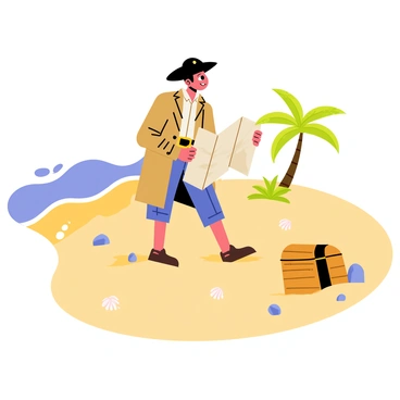 A pirate dressed in a traditional tricorn hat and a long coat is searching for treasure on a sandy beach. He has a weathered map in one hand, holding it up to the sunlight as he squints at the details. Around him, there are scattered seashells and small rocks on the golden sand. In the background, gentle waves lap at the shore, and a few palm trees sway in the light breeze. A wooden chest partially buried in the sand can be seen, hinting at hidden treasures beneath.