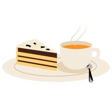 A slice of gateau with layers of chocolate and cream frosting rests on a delicate white plate. The gateau has a glossy finish, with small chocolate shavings sprinkled on top. Beside it, a steaming cup of tea sits on a matching delicate saucer. The tea is a rich amber color, with wisps of steam rising from the surface. A small silver spoon rests next to the cup, glinting in the light. The background features a soft, pastel-colored tablecloth that adds to the elegant presentation.