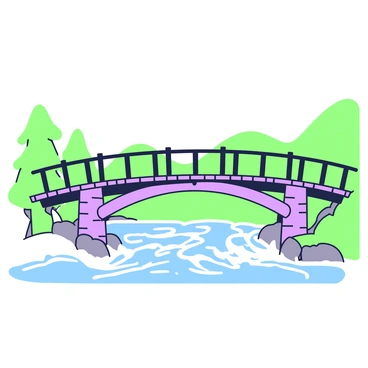 A strong wooden bridge spans a fast-flowing river. The bridge features sturdy beams and railings, constructed from rough-hewn timber. Beneath the bridge, the water rushes with visible currents and ripples, reflecting the movement of the river. On either side of the riverbank, there are clusters of green trees, some bending slightly with the wind. In the background, rolling hills rise gently, adding depth to the scene. The overall composition emphasizes the bridge's stability and strength against the dynamic flow of the river below.