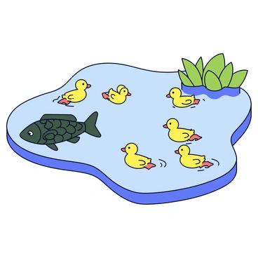 A bass fish with a sleek body and dark green scales is swimming just beneath the surface of a calm pond. Nearby, a group of six fluffy yellow ducklings are paddling energetically, creating small ripples in the water. The ducklings are arranged in a line, with their little feet kicking up splashes as they swim. The pond is surrounded by lush green vegetation that reflects softly in the water.