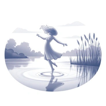 A water spirit is depicted dancing gracefully on the surface of a calm lake. The spirit has flowing hair that appears to ripple with the movement, and the form is ethereal and translucent. The surface of the lake reflects the delicate movements, creating gentle ripples around the feet of the spirit. In the background, tall reeds and trees frame the scene, emphasizing the tranquility of the environment. The sky above is clear, with soft clouds scattered, enhancing the peaceful atmosphere of the setting.