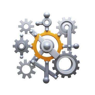 An arrangement of interlocking geometric mechanical parts, including gears, cogs, and bolts, forming a complex abstract pattern. The parts have a metallic finish, showcasing a mix of silver and brass colors. Various shapes, such as triangles, circles, and rectangles, are connected in a harmonious layout. Some elements appear to be rotating, while others are stationary, creating a sense of dynamic movement within the structured design. The background is subtle, ensuring the focus remains on the intricate arrangement of mechanical components.
