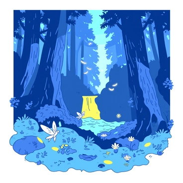 A vibrant forest filled with towering trees, their trunks covered in a deep blue moss. Scattered throughout the forest floor are various glowing plants, emitting a soft light in contrasting yellow hues. Among the trees, small magical creatures with delicate wings flit about, their bodies shimmering as they catch the light. In the background, a waterfall cascades down rocks, the water reflecting the yellow glow from the flora. The entire scene is alive with the movement of the creatures and the gentle rustle of leaves.