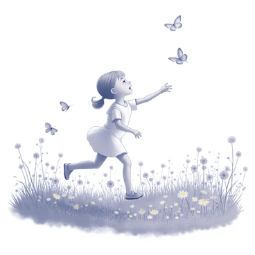 A little girl is running through a blooming meadow filled with numerous wildflowers. She has light brown hair tied in pigtails and is wearing a simple white dress. The girl is reaching out her hands toward several butterflies that are fluttering around her, showcasing various sizes and patterns. The meadow is lush and vibrant, with tall grass swaying in the gentle breeze, creating a lively and dynamic atmosphere as she joyfully chases the butterflies.