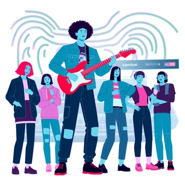A musician with medium skin tone and curly hair is playing an electric guitar at a metro station. He is wearing a denim jacket, a graphic t-shirt, and cargo pants. His fingers move skillfully over the guitar strings, producing vibrant sound waves that visually ripple in the air. In front of him, a small audience is gathered, consisting of diverse individuals; a woman with bright red hair, a man in a black beanie, and a teenager with headphones. They are all watching attentively, some swaying gently to the music. The metro station features metallic structures and illuminated signs in the background.