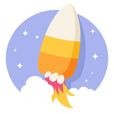 A rocket ship launching into space that looks like a giant candy corn