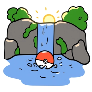 A red and white Poké Ball is splashing into a clear blue pool of water beneath a waterfall. The water droplets are scattering around as the Poké Ball makes contact with the surface. Surrounding the pool are rugged gray rocks, covered in patches of green moss. The waterfall cascades down from above, creating a mist that catches the light. Sunlight filters through the trees, illuminating the scene with a gentle glow.