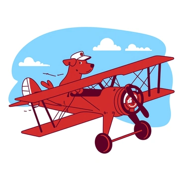 A red dog wearing a white pilot's cap is sitting in the back seat of a vintage biplane. The biplane has a wooden frame with large, colorful wings, and the cockpit is detailed with various gauges and controls. The dog has its ears flapping in the wind, and its tail is wagging happily. The sky in the background is a clear blue, providing a bright contrast to the scene.
