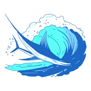 A blue sailfish is swimming gracefully through the water, partially visible as it emerges from the crest of a breaking white wave. The sailfish has an elongated body and a vibrant dorsal fin that stands tall above the surface. The wave is curling dramatically, capturing droplets of water that glisten in the light. The background shows a deep turquoise ocean, adding depth to the scene, while the foamy white spray of the wave contrasts with the sleek form of the sailfish.