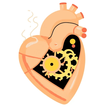 A heart made of bronze with intricate gears and pipes visible on its surface. The heart has a shiny, polished appearance with a mix of mechanical components. Exposed brass gears are turning inside, while copper pipes curve along the exterior, some emitting a faint steam. The overall design is detailed and complex, emphasizing the mechanical nature of the heart.