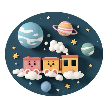 A colorful cartoon train, featuring bright red and yellow cars with smiling faces, is floating gently among various planets and twinkling stars. The planets are in a range of sizes and colors, including a large blue planet with swirling clouds and a small green one with rings. The stars are scattered throughout the scene, shining brightly against a deep navy blue background. The train is puffing colorful clouds of steam, adding to the whimsical atmosphere of the space setting.