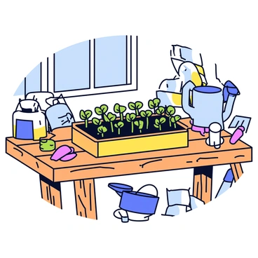 A wooden tray filled with young seedlings, each with small, vibrant green leaves just beginning to sprout. The tray is situated on a workbench made of reclaimed wood, showing visible grain and texture. Various gardening tools, such as a small trowel and watering can, are scattered nearby. Natural light filters in from a window, casting soft shadows across the workspace. A few soil bags are stacked in one corner, adding to the gardening atmosphere.