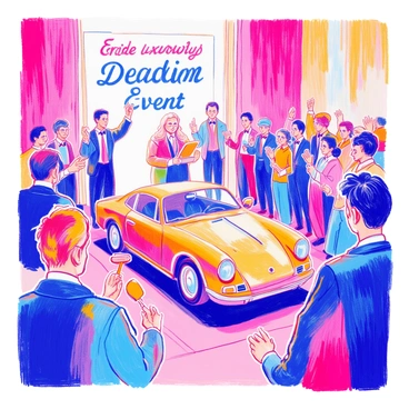 A lively auction scene depicts several people enthusiastically raising their hands to place bids on a "rare and luxurious dream car." The car is a sleek, shiny model, featuring an elegant design with smooth curves and a vibrant color. The auctioneer stands at the front, holding a gavel, with a focused expression. Around the room, various attendees are dressed in formal clothing, with some holding paddles for bidding. The atmosphere is charged with excitement as spectators lean forward in their seats, eager to witness the outcome of the bidding war. A large banner in the background displays the words "Luxury Auction Event."