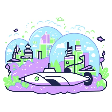 A futuristic underwater city features multiple transparent domes, each housing different aspects of city life. The domes are interconnected by shimmering pathways and surrounded by vibrant aquatic life. In the foreground, a sleek submarine is traveling smoothly between two domes, its streamlined shape reflecting the surrounding water. The domes are filled with greenery, buildings, and lights, creating a lively atmosphere. Schools of fish swim nearby, adding to the scene's dynamic nature. Above, a visible surface of the ocean glimmers with sunlight, hinting at the world above the water.