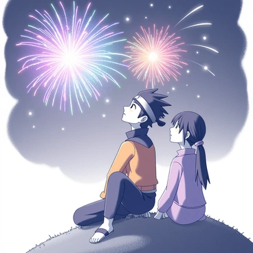 A young ninja with spiky hair is sitting on a grassy hilltop, gazing upwards. He is wearing his iconic orange and blue outfit. Beside him sits a female ninja with dark hair in a loose bun, dressed in a lavender outfit. Both characters have expressions of awe as they watch "colorful fireworks" exploding in the "night sky." The fireworks create vivid shapes and patterns, illuminating their faces with light. The stars twinkle in the background, completing the serene atmosphere of the moment.