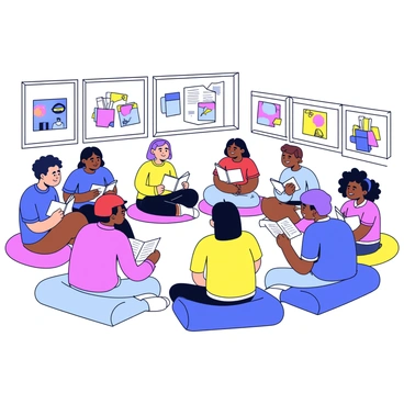 A cozy storytelling session takes place in a warm, inviting room with soft lighting. In the center, a group of illustrators sits in a circle, each holding a sketchbook. They are animatedly sharing the stories behind their art. Around them, captivated listeners are sitting on comfortable floor cushions, their expressions filled with interest. Some listeners are leaning forward, while others are resting back comfortably, absorbing the narratives. The room is decorated with various art supplies and colorful illustrations hanging on the walls, creating an atmosphere rich in creativity and inspiration.