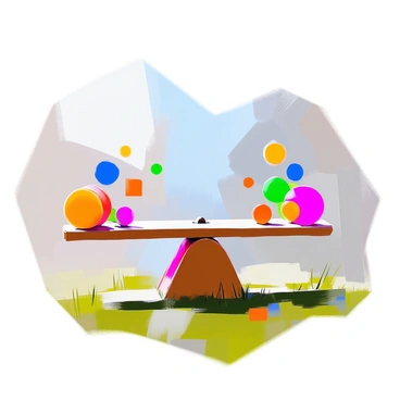 A seesaw is depicted in the center of the image, with a long plank supported by a vertical beam. On one side of the seesaw, there are multiple brightly colored circles of various sizes, creating a vibrant visual effect. On the opposite side, a collection of squares in contrasting colors balances the circles, showcasing a playful interaction between the shapes. The seesaw is positioned on a grassy surface, with subtle hints of a blue sky in the background, emphasizing a sense of playfulness in the composition.