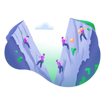 A scene depicting "rock climbers" scaling the steep walls of a chasm. The climbers are wearing bright-colored climbing gear, demonstrating their skills as they ascend the rough, textured rock face. The chasm is flanked by towering cliffs, with patches of greenery visible in the crevices. Several climbers are positioned at different heights, showcasing a range of techniques and expressions of determination. The sky above is clear, adding to the sense of adventure in the scene.