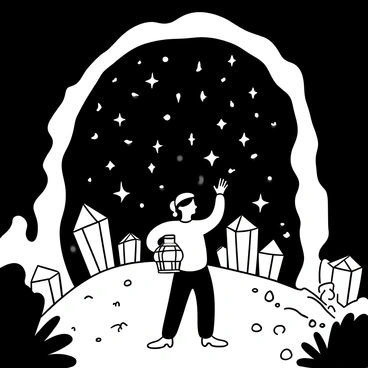 A man named "Samson" stands at the entrance of a hidden cave, his silhouette outlined against the dark opening. Inside the cave, numerous "sparkling crystals" of various shapes and sizes jut out from the rocky walls and floor. The crystals reflect light, creating a dazzling effect throughout the cavern. Samson holds a lantern in one hand, illuminating the surroundings and highlighting the textures of the cave's walls. The ground is strewn with small pebbles and patches of moss, adding to the natural environment of the cave.